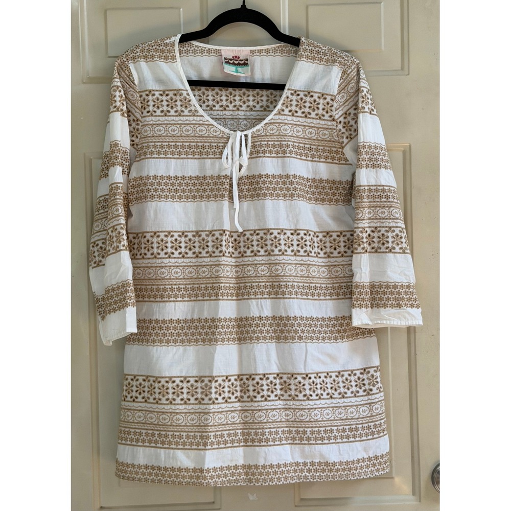 Cake Couture Boho Embroidered Eyelet Lace Up Tunic Top White Khaki M/L